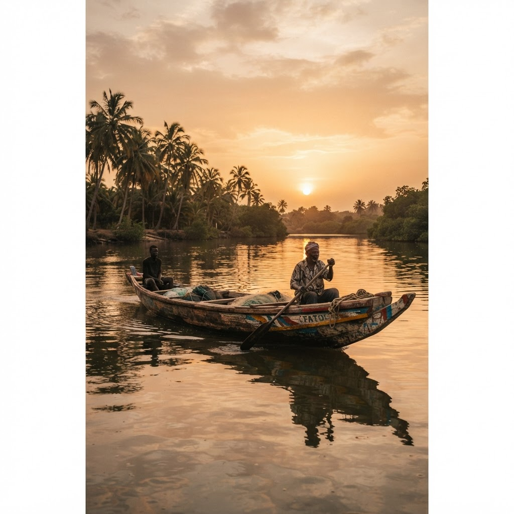 Fischerboot auf dem Gambia-Fluss im Abendlicht