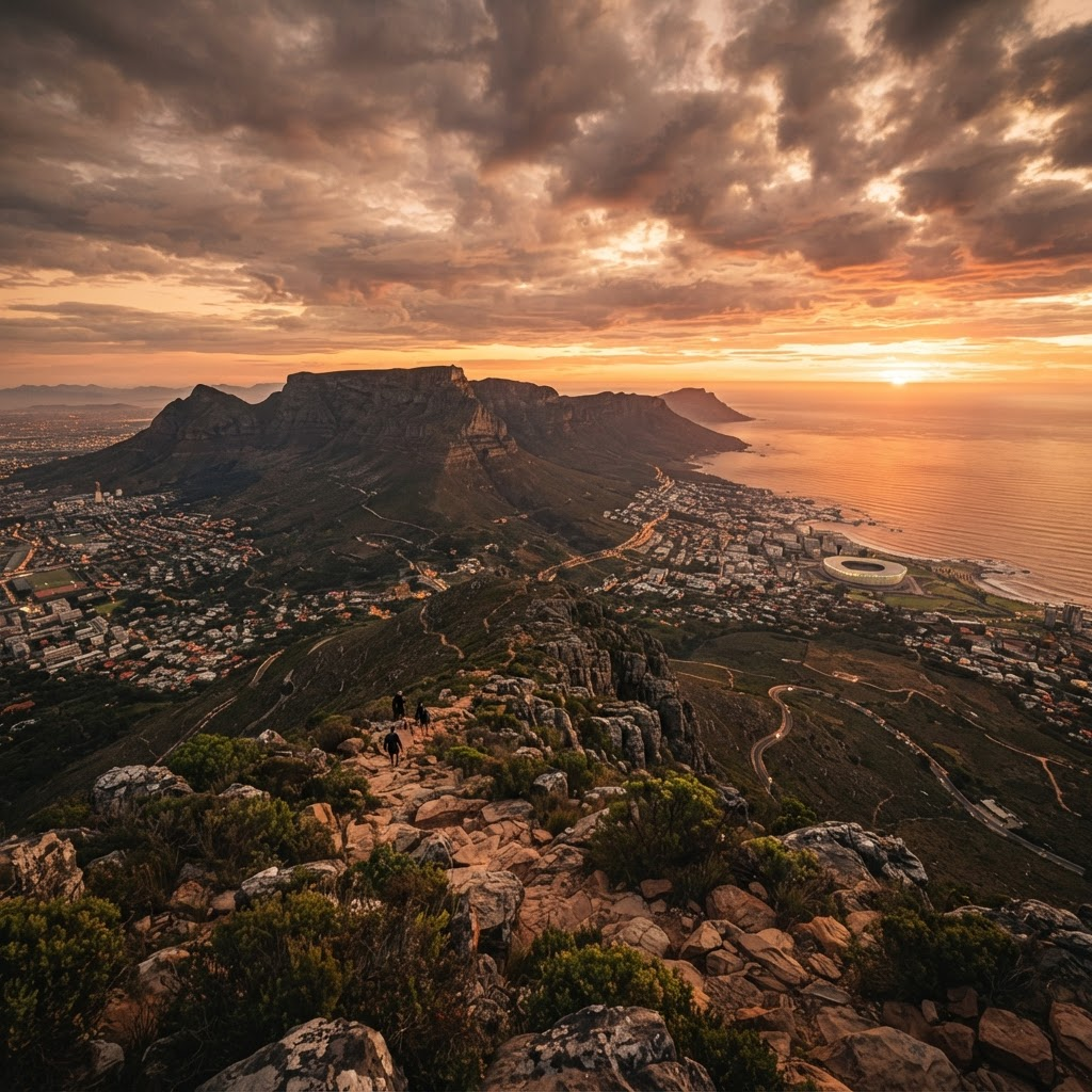 Kapstadt und der Tafelberg vom Lion’s Head bei Sonnenuntergang