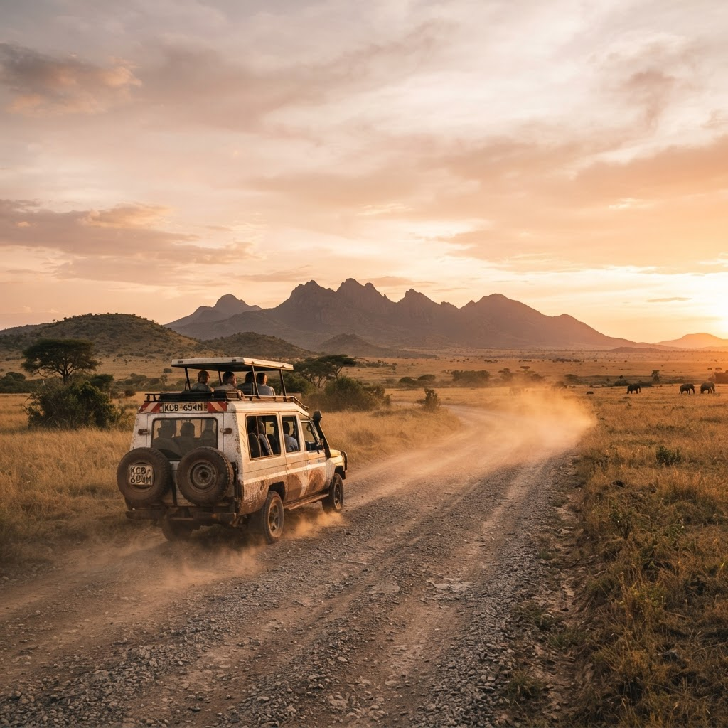 Geländewagen auf einer Schotterpiste durch die afrikanische Savanne
