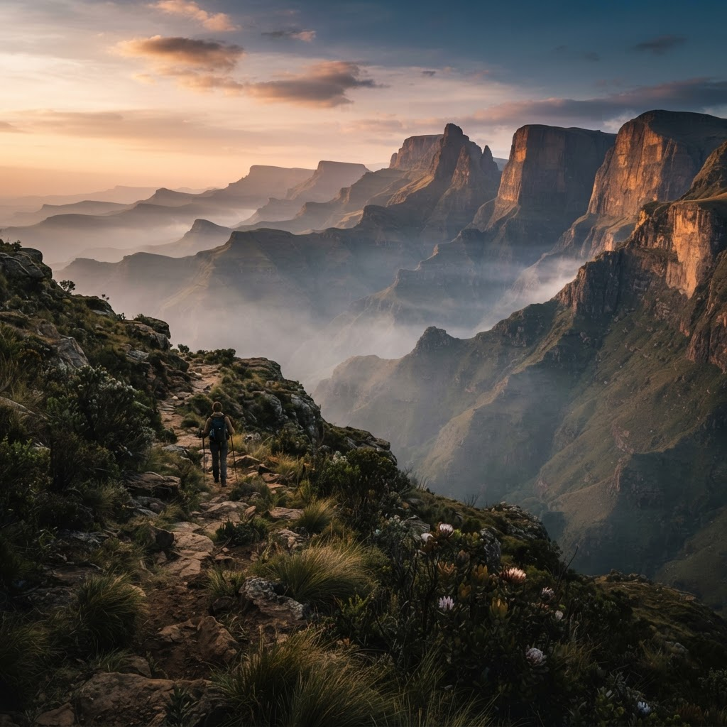 Drakensberge im Morgennebel