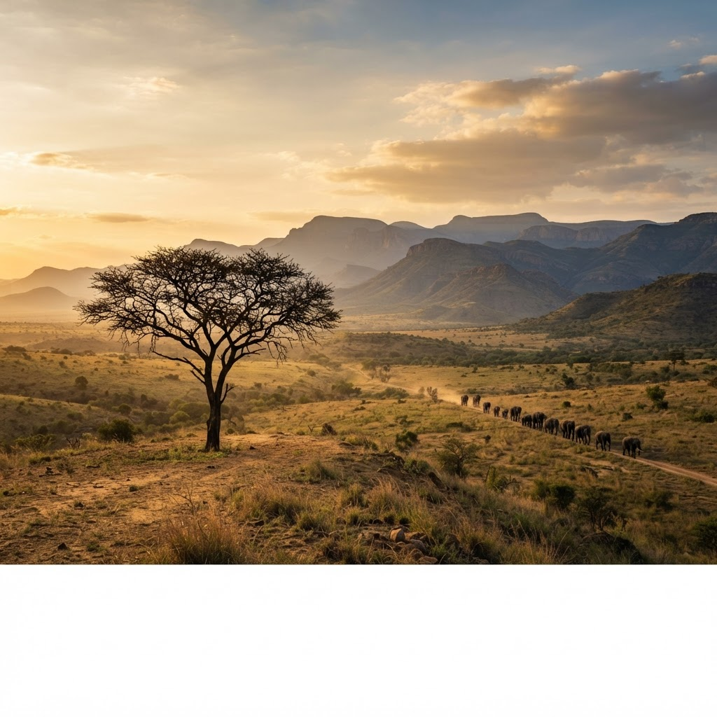 Sonnenuntergang über der Savanne im südlichen Afrika mit Akazie und Elefantenherde