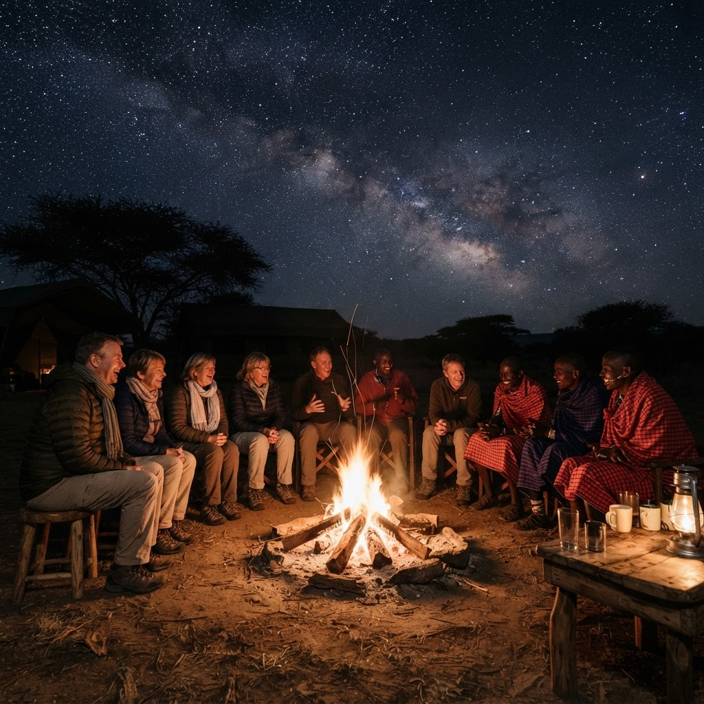 Reisende und Guides am Lagerfeuer unter dem afrikanischen Sternenhimmel